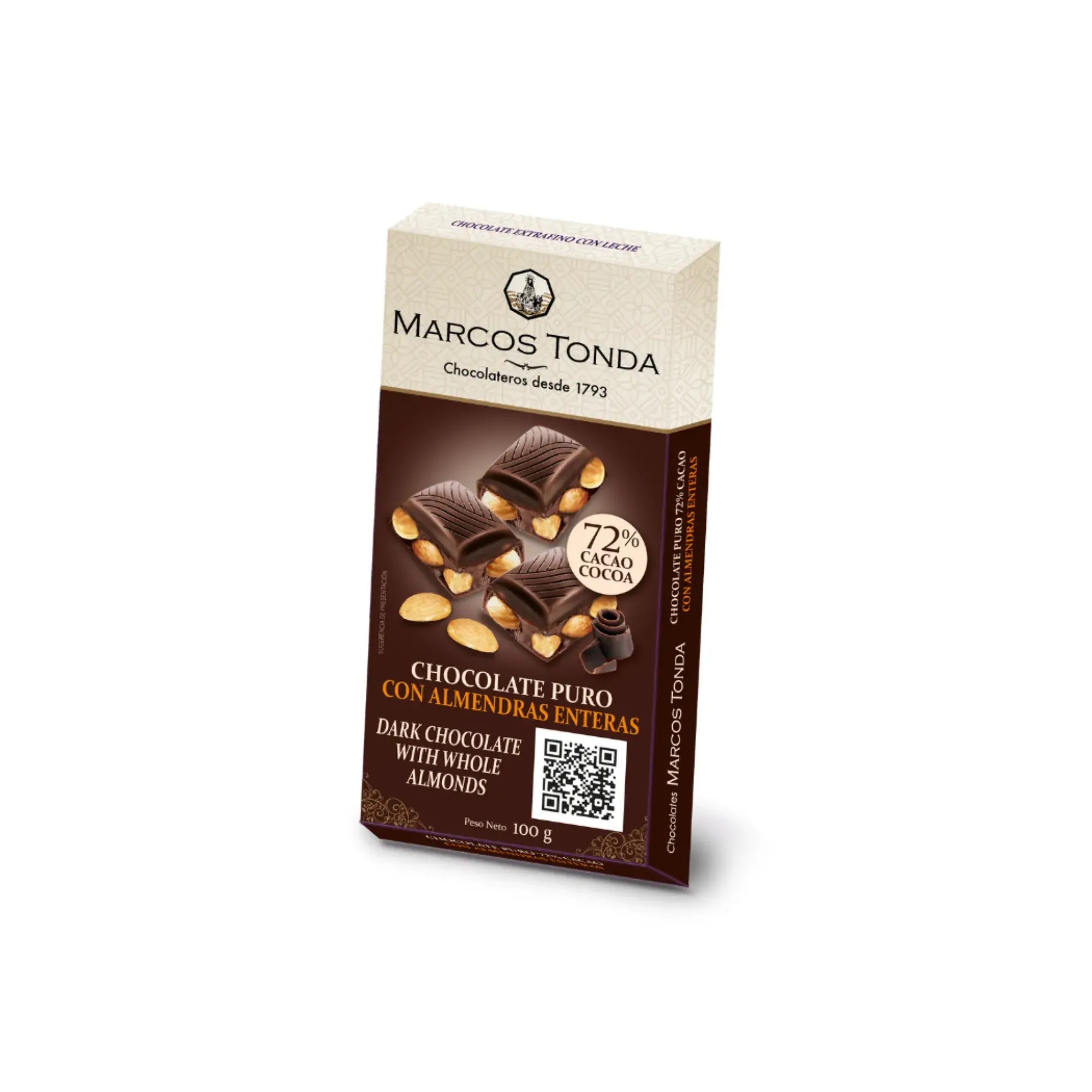 Chocolate Puro 72% Cacao con Almendras Enteras Extrafino 100G - Packaging en Braille Chocolate Puro 72% Cacao con Almendras Enteras Extrafino 100G - Packaging en Braille