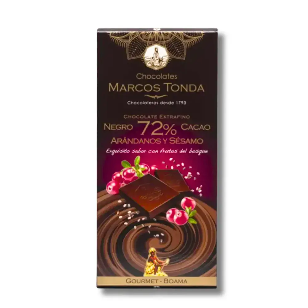 Chocolate Negro 72% Cacao Con Arándanos y Sésamo Gourmet Boama, 100G